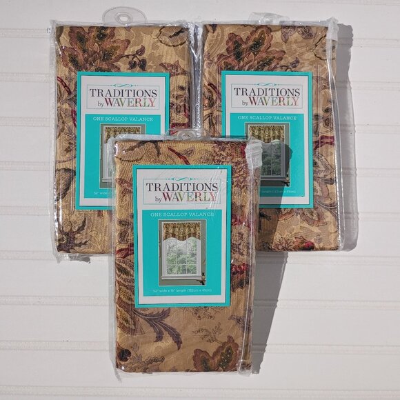 WAVERLY Navarra Antique Curtain Valances SET OF 3 Scalloped Valance Gold Floral - Picture 1 of 9